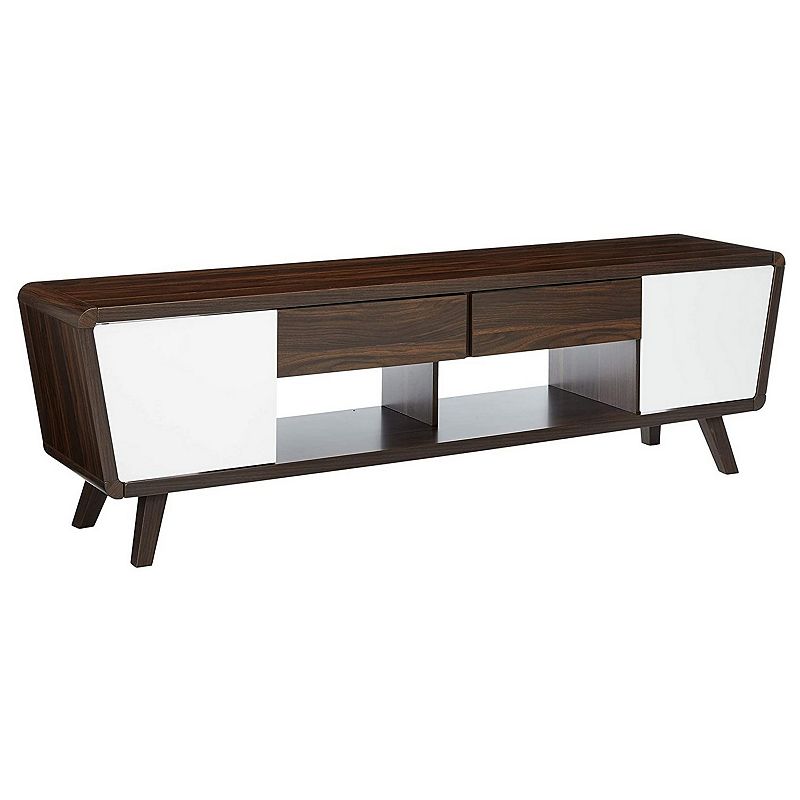 Glittering Two Tone Mid Century Modern TV Stand， White and Brown