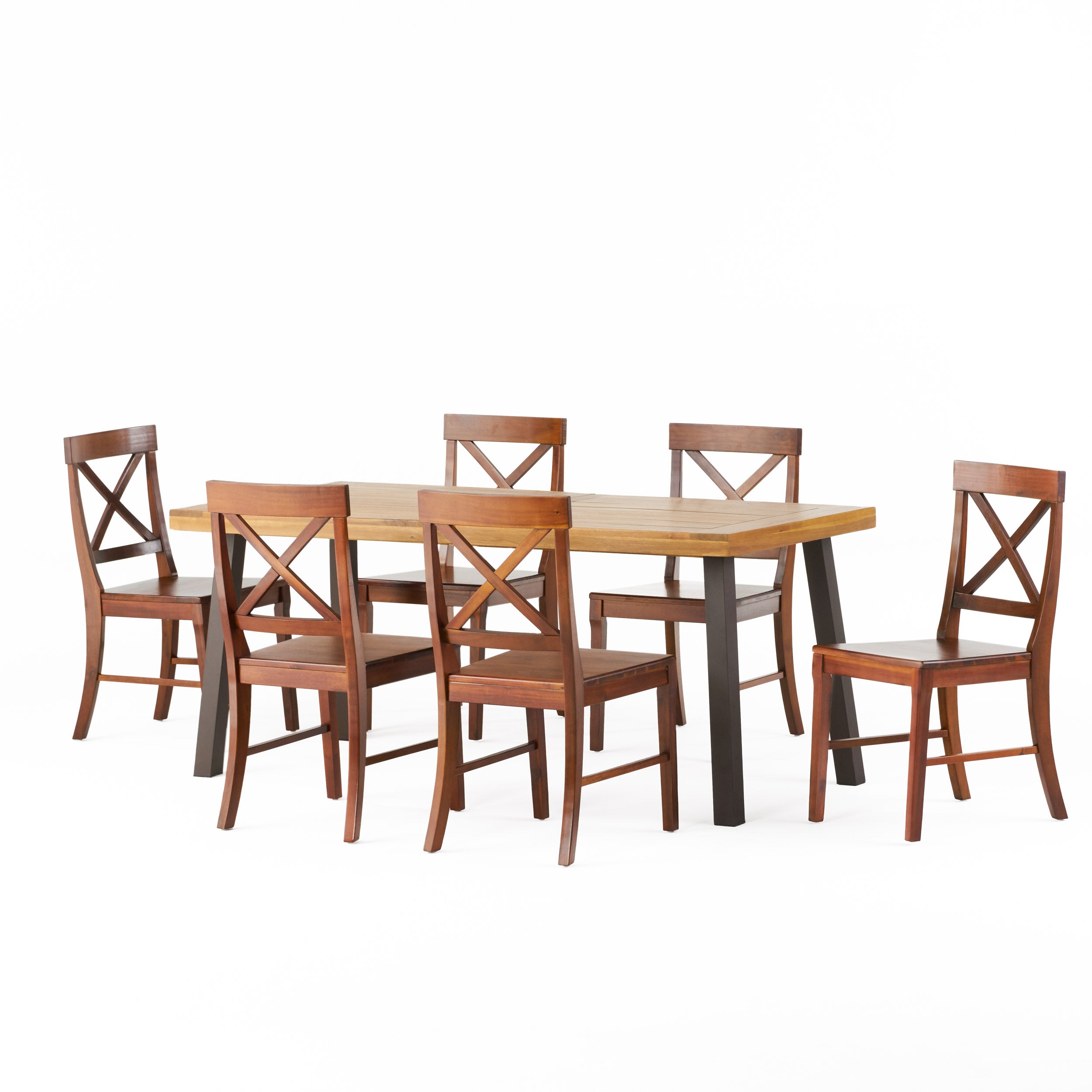 Rumbrook Farmhouse Acacia Wood and Iron 7 Piece Dining Set, Natural, Rustic Metal, and Rich Mahogany