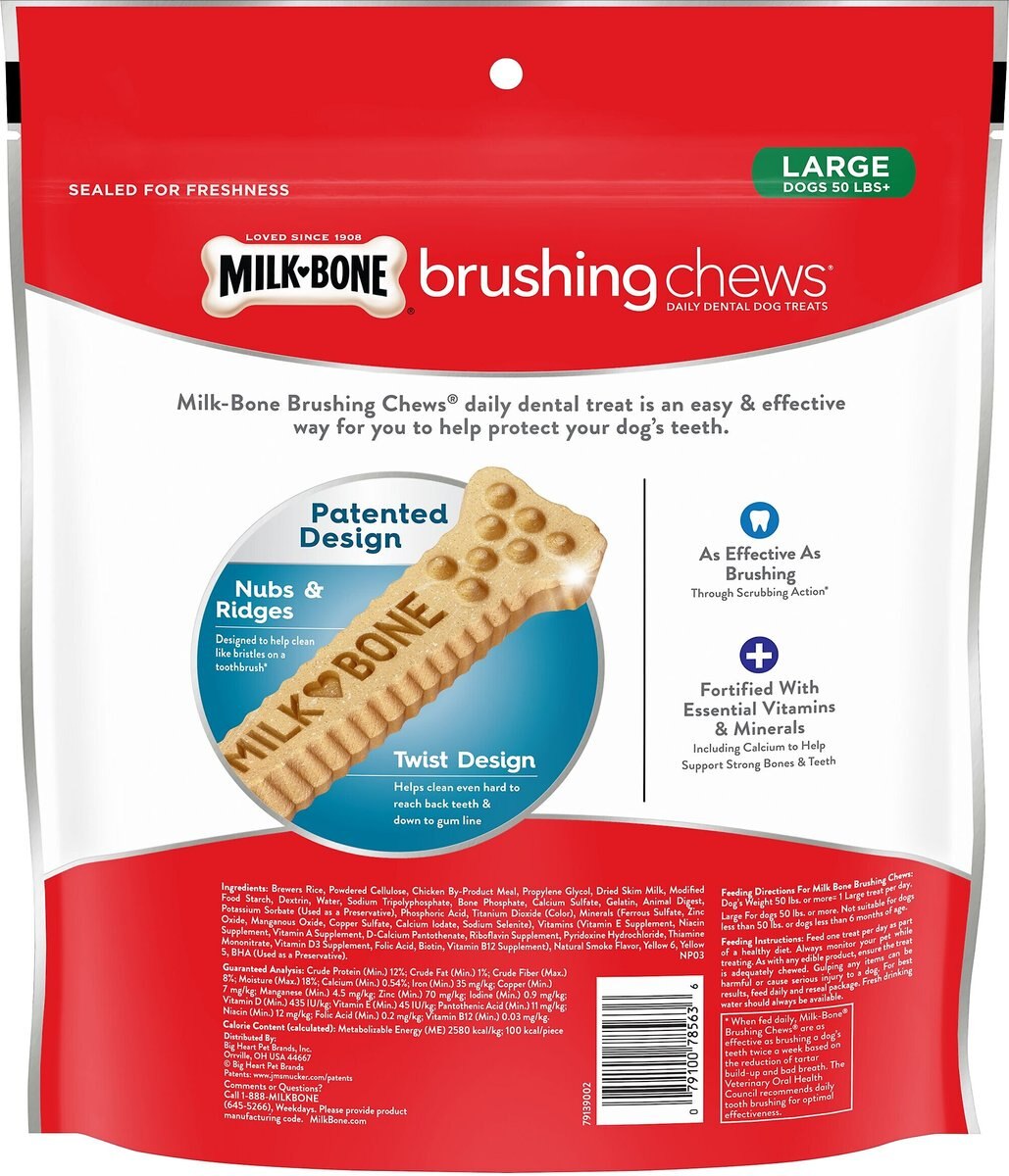 Milk-Bone Brushing Chews Daily Large Dental Dog Treats， 33.7-oz pouch