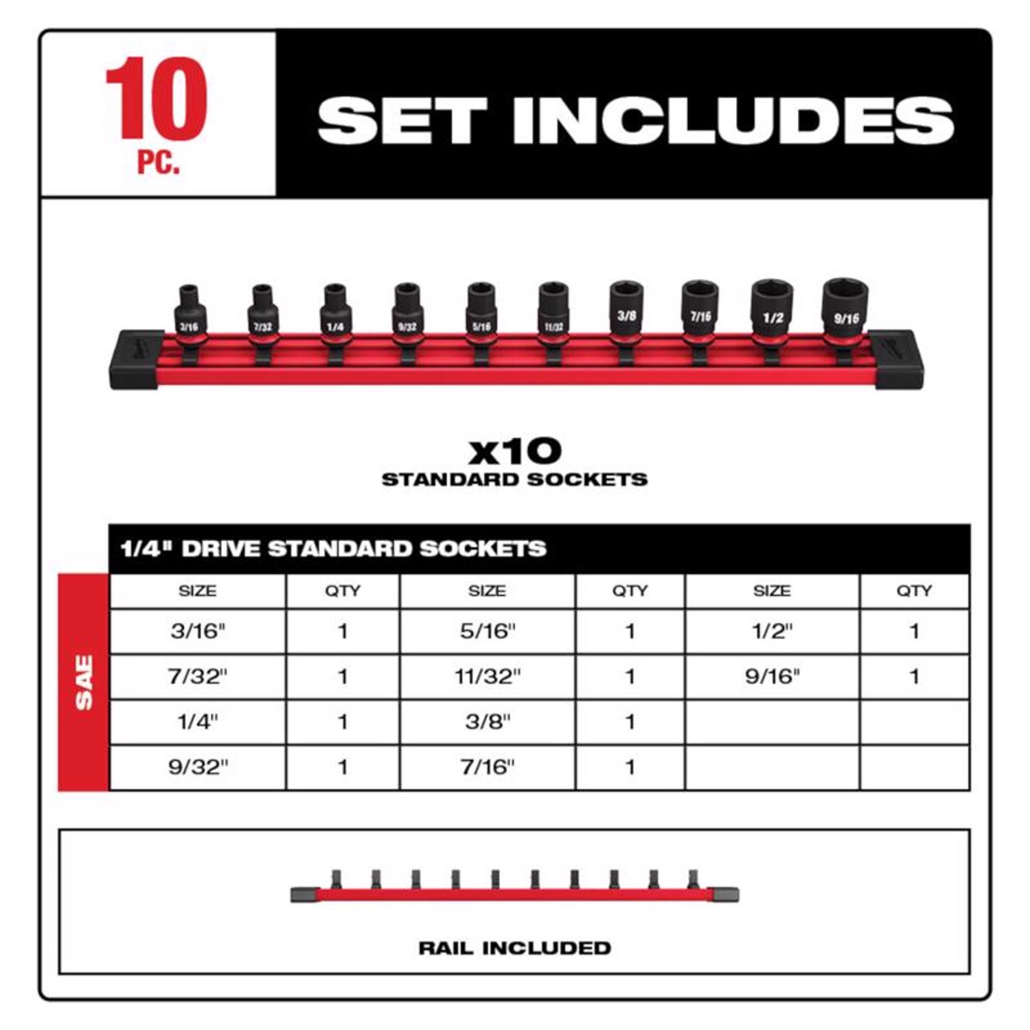 MW Shockwave 1/4 in. drive SAE 6 Point Standard Shallow Socket Set 10 pc