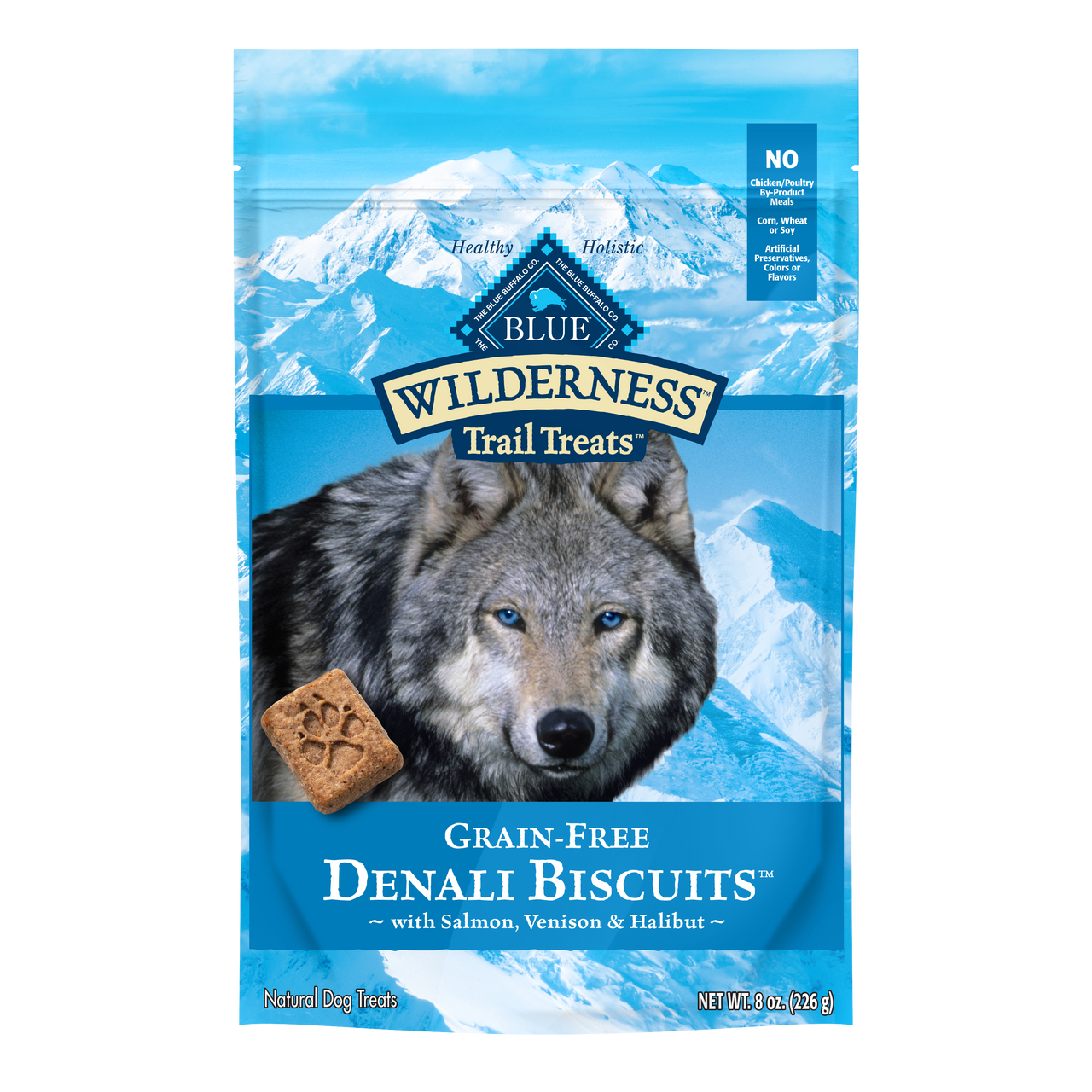 Blue Buffalo Wilderness Grain-Free Denali Biscuits With Wild Salmon， Venison， and Halibut Dog Treats， 8 Oz. Bag