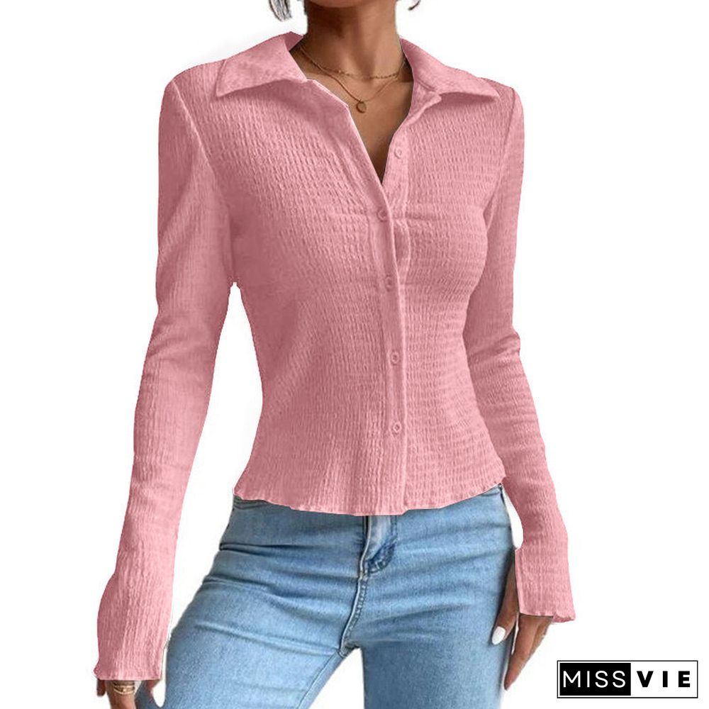 Women's Solid Color Stitching Sleeve Button Lapel Blouses