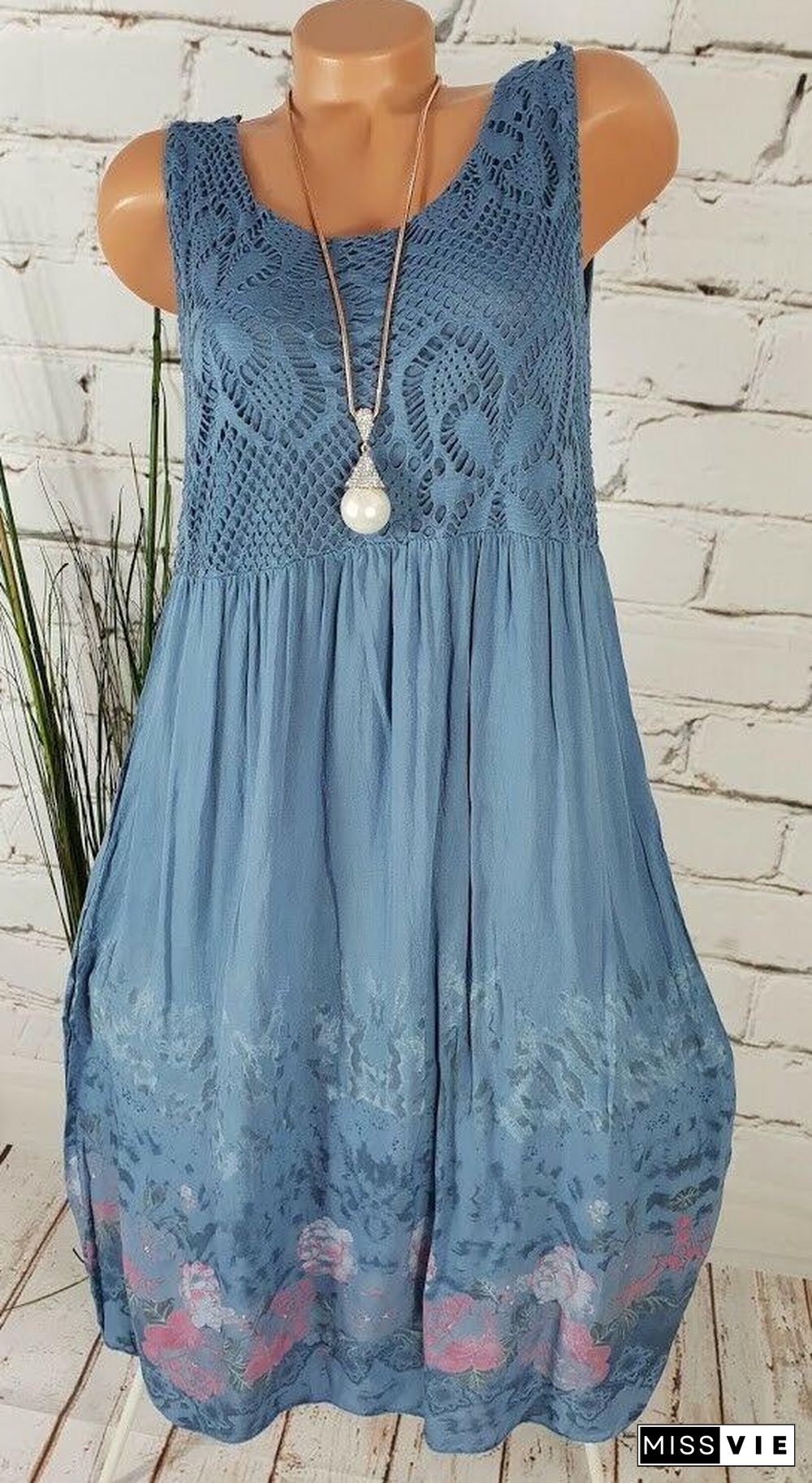 Women Sleeveless Lace Floral Printed Dress