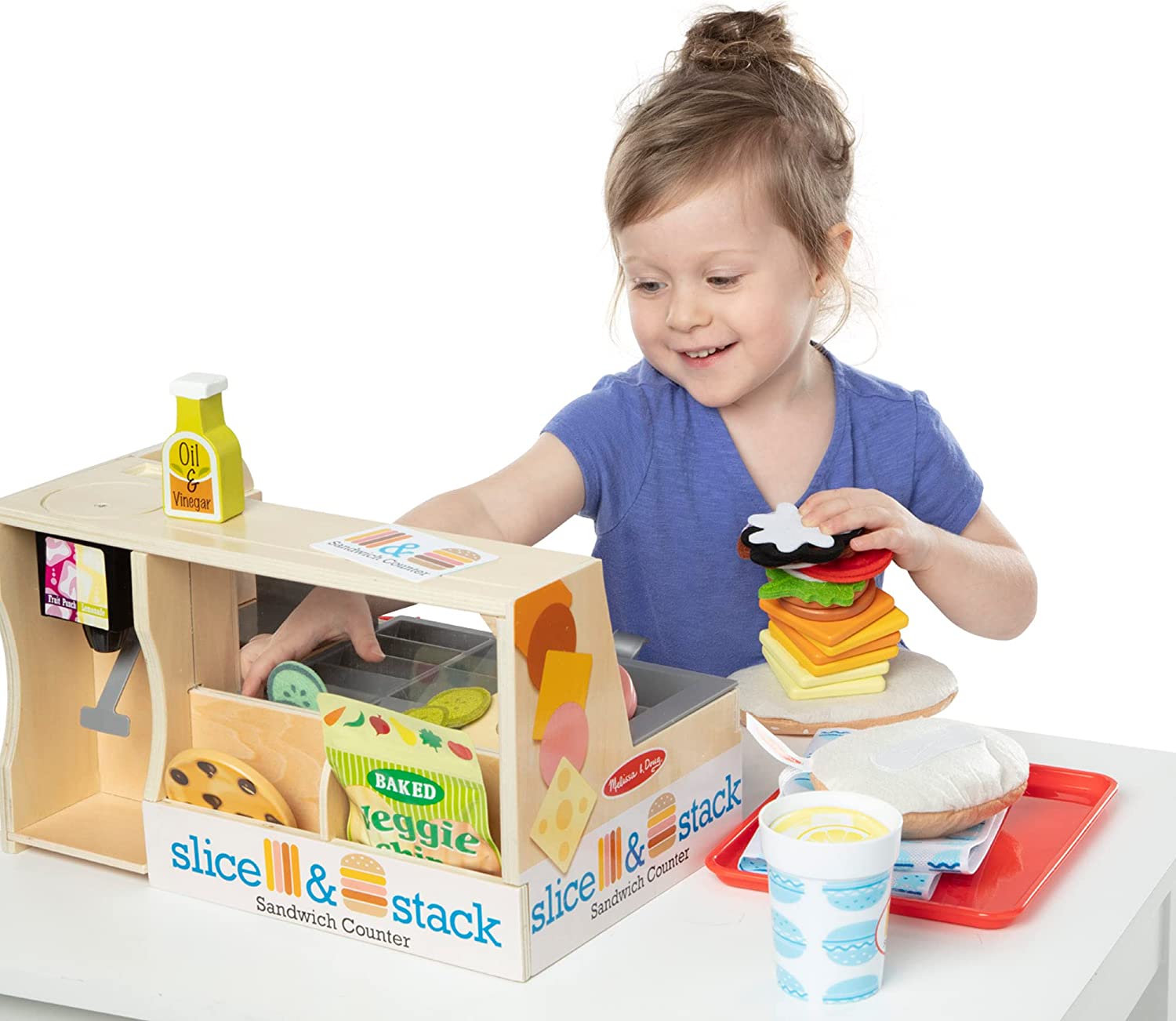 Melissa and Doug Wooden Slice and Stack Sandwich Counter with Deli Slicer – 56-Piece Pretend Play Food Pieces - Wooden Food Toys， Kitchen Play Food Set For Toddlers And Kids Ages 3+