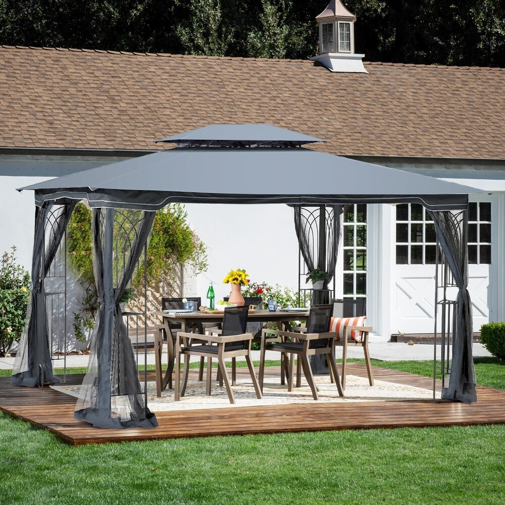 13' x 10' Outdoor Patio Garden Gazebo Canopy  Outdoor Shading with Steel Roof  2 Tier Roof Gazebo Tent With Curtains