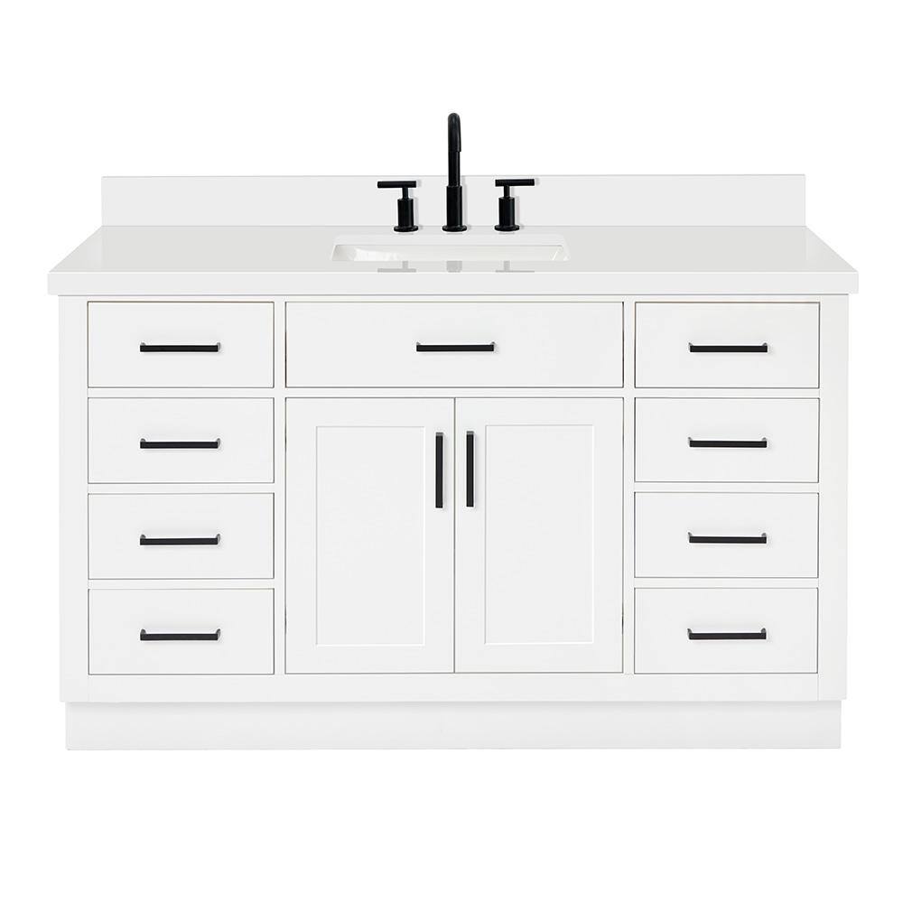 ARIEL Hepburn 55 in. W x 22 in. D x 36 in. H Bath Vanity in White with White Pure Quartz Vanity Top with White Basin T055SWQRVOWHT