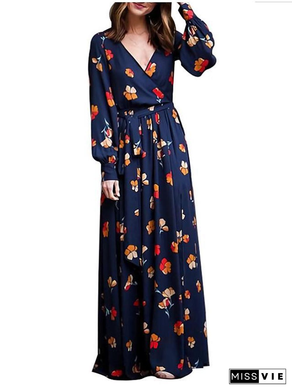 Women's Chiffon Dress Maxi long Dress Long Sleeve Floral Split Print Spring Casual Linen Royal Blue S M L XL XXL 3XL Black Dresses