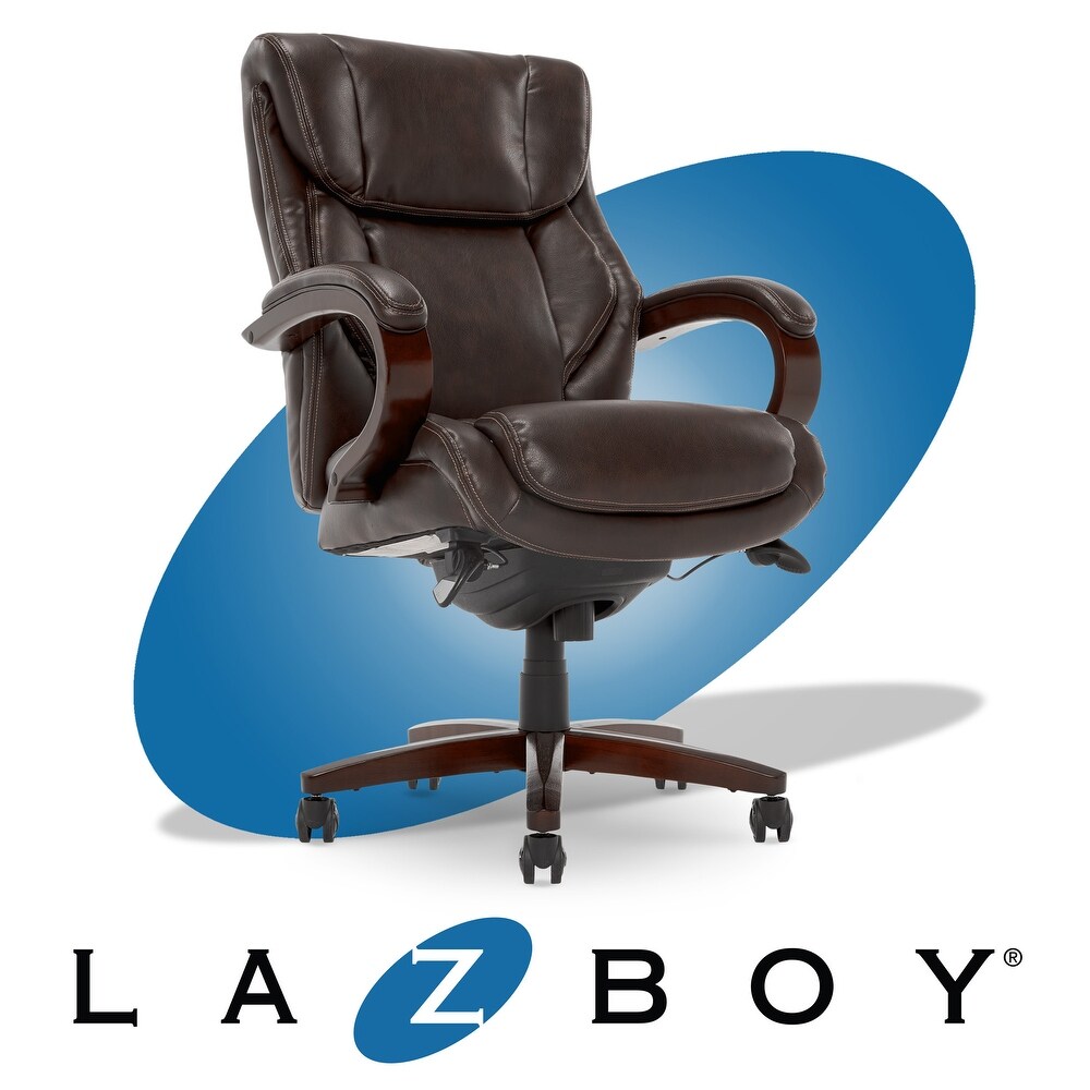 La Z Boy Bellamy Executive Leather Office Chair with Memory Foam Cushions  Solid Wood Arms and Base  Waterfall Seat Edge