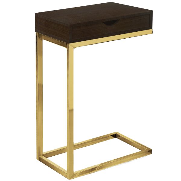 Accent Table， C-shaped， End， Side， Snack， Storage Drawer， Living Room， Bedroom， Brown Laminate， Gold Metal， Contemporary， Modern