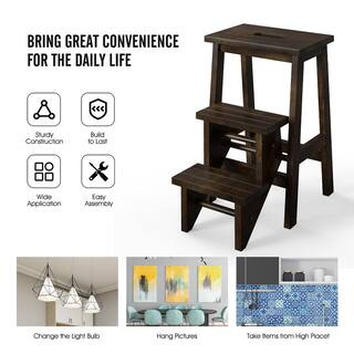 WELLFOR 3-Step Rubber Wood Step Stool 200 lbs. with Convenient Handle in Coffee JV-HGY-10097BN