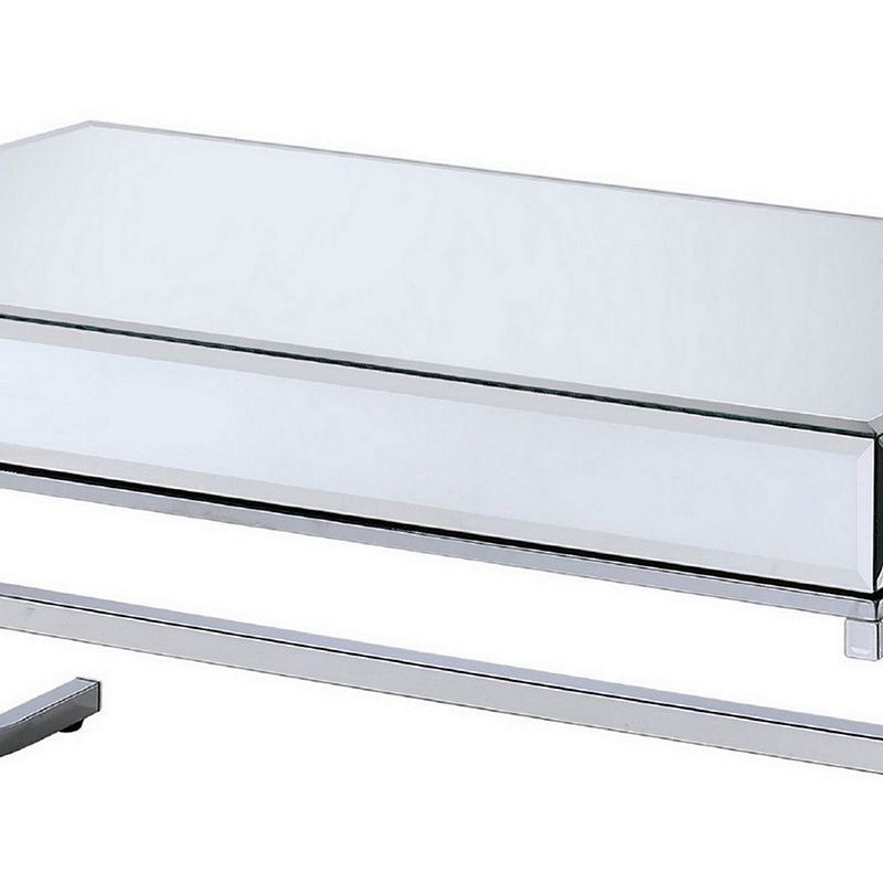 42 Inch Rectangular Coffee Table， Mirrored， X Shaped Metal Legs， Silver