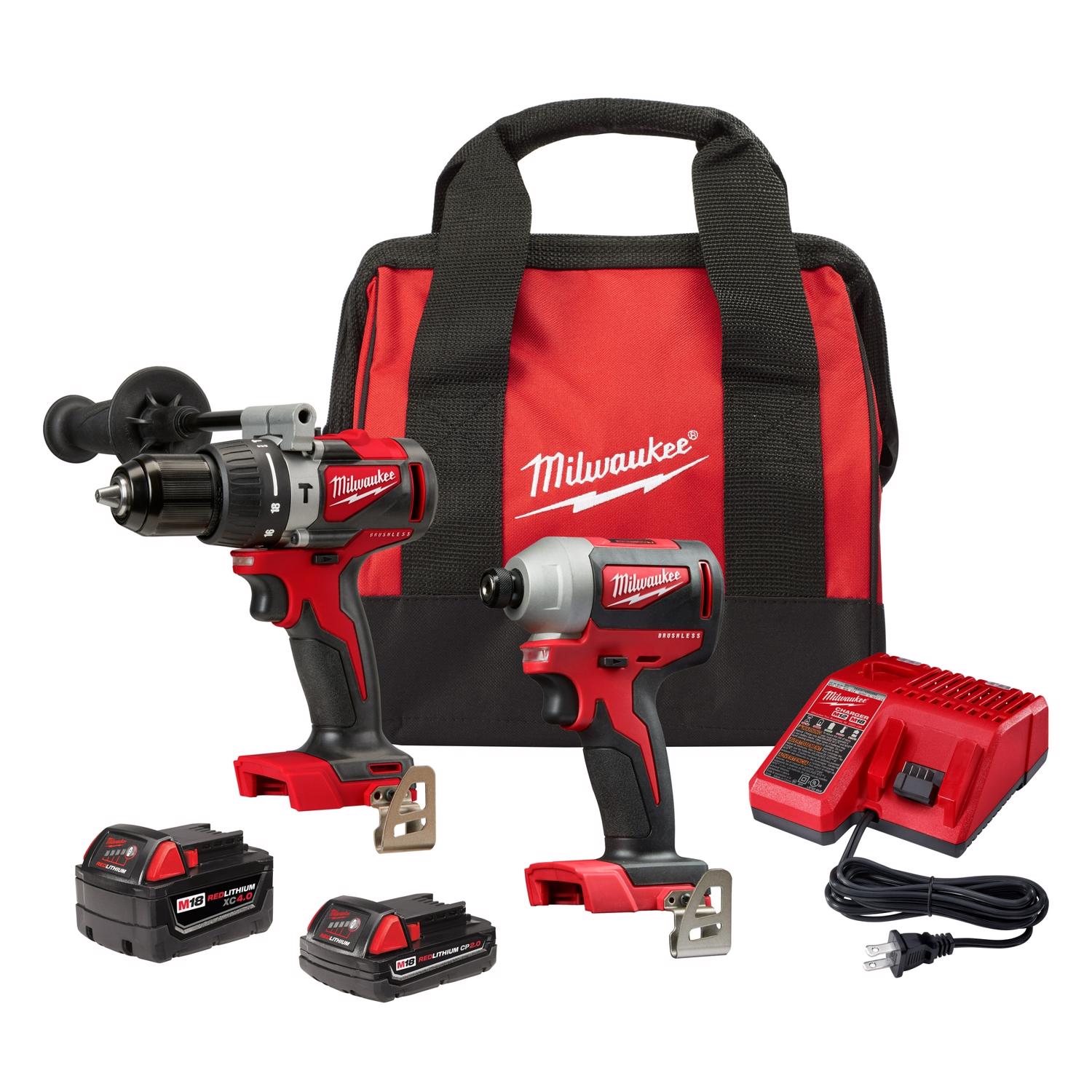 MW M18 18 V Cordless Brushless 2 Tool Compact Hammer Drill and Impact Driver Kit