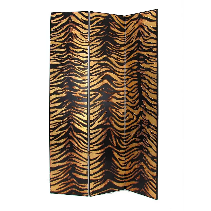 3 Panel Screen with Zebra Pattern Design， Gold and Black