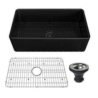 CASAINC Fireclay 33 in. Striped Design Reversible Installation Single Bowl Farmhouse Apron Kitchen Sink with Grid and Strainer CA-SN3318T-B