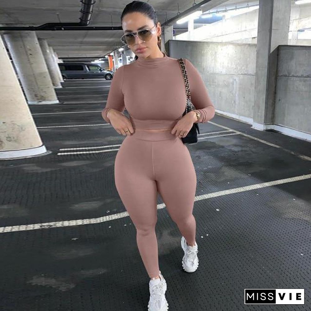 2 Piece Sets Sport Suit Celebrity Women  Long Sleeve Crop Tops High Waist Leggings Pants Workout Seamless Clothes Tracksuit