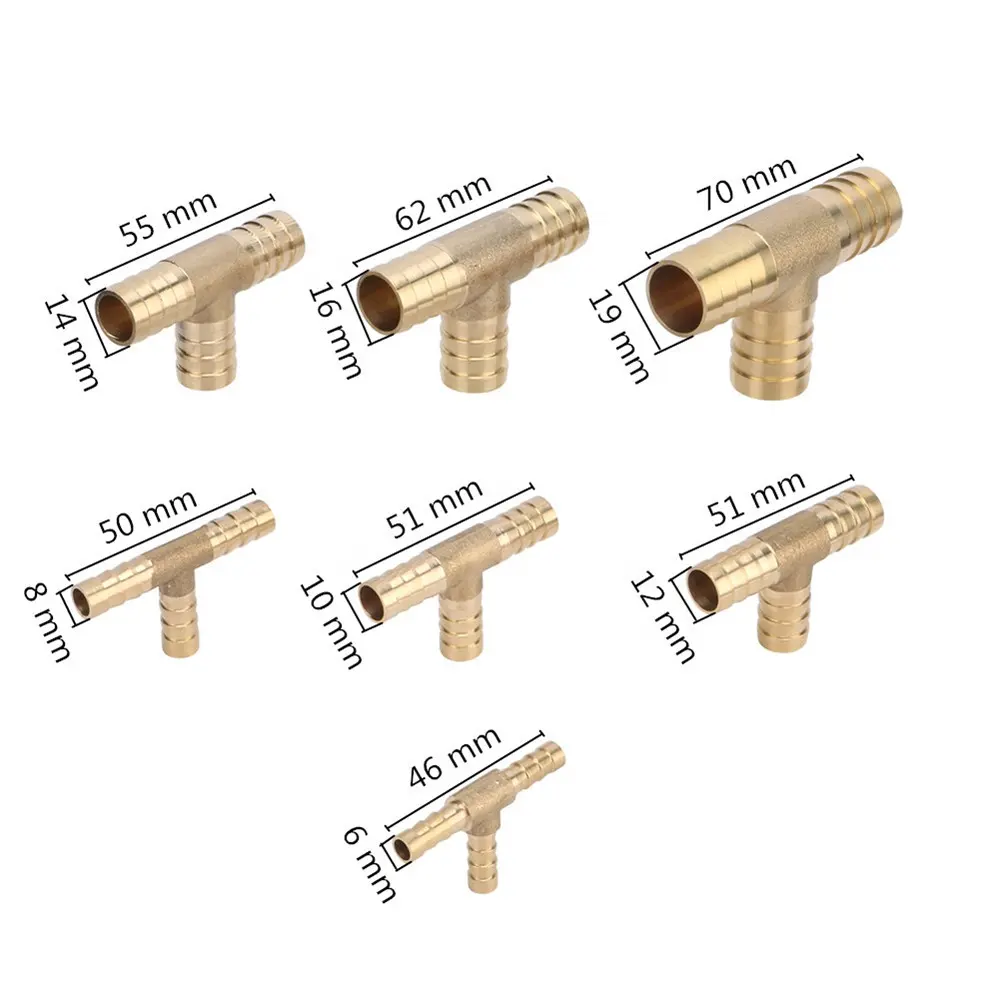 T Shape Brass Barbed Hose Fitting 3 Way Brass Joint 6/8/10/12/14/16/19mm Quick Tee Connector