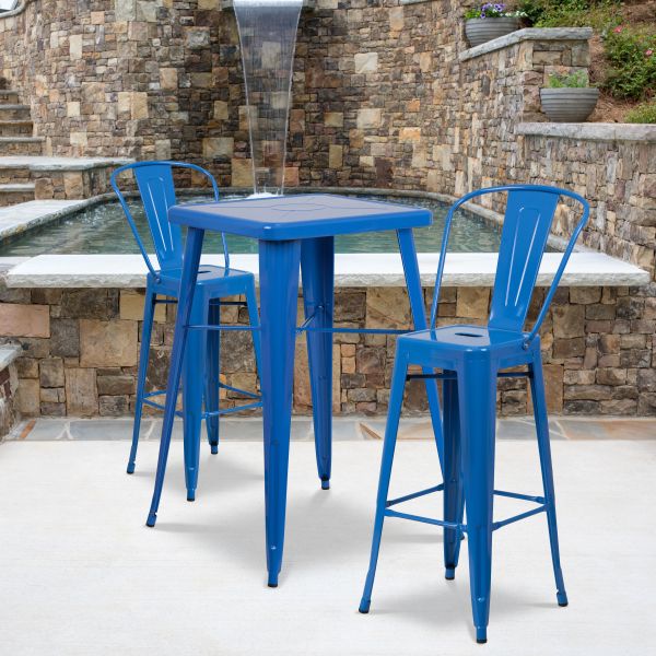 Flash Furniture 23.75'' Square Blue Metal Indoor-Outdoor Bar Table Set with 2 Barstools with Backs