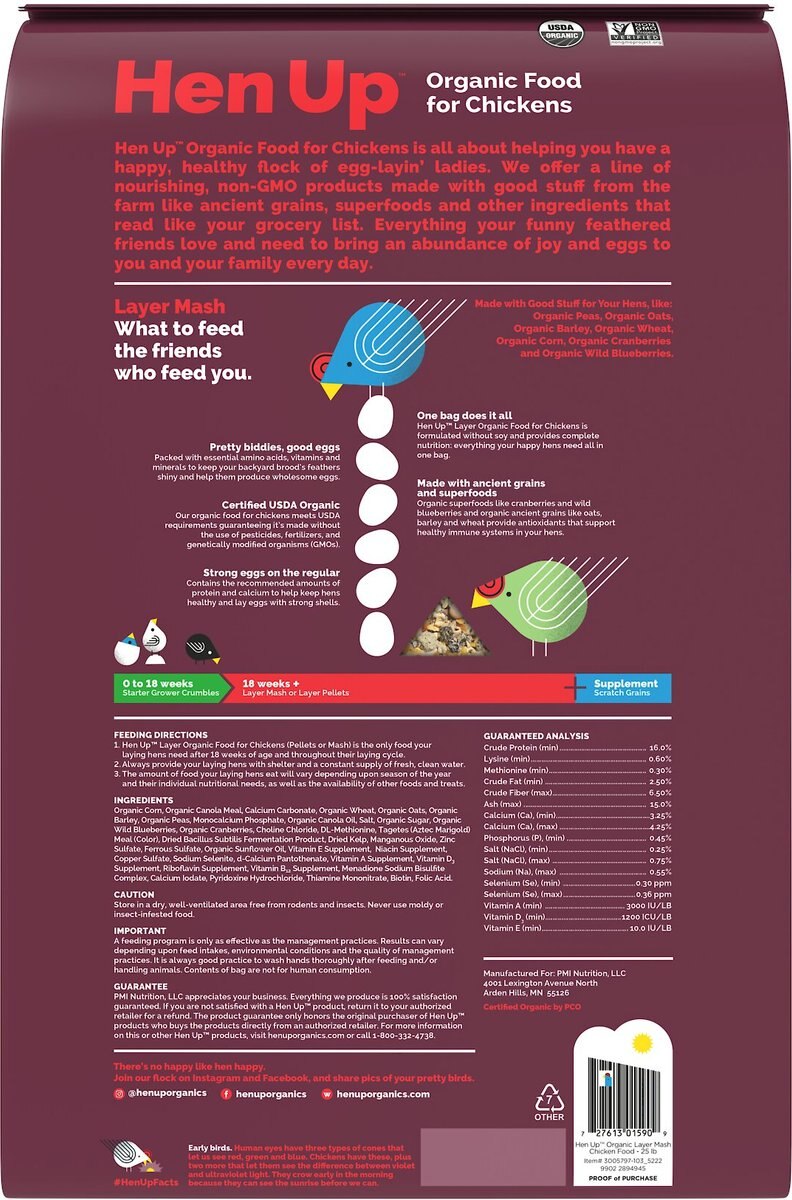 Hen Up Layer Mash Organic Chicken Food， 25-lb bag