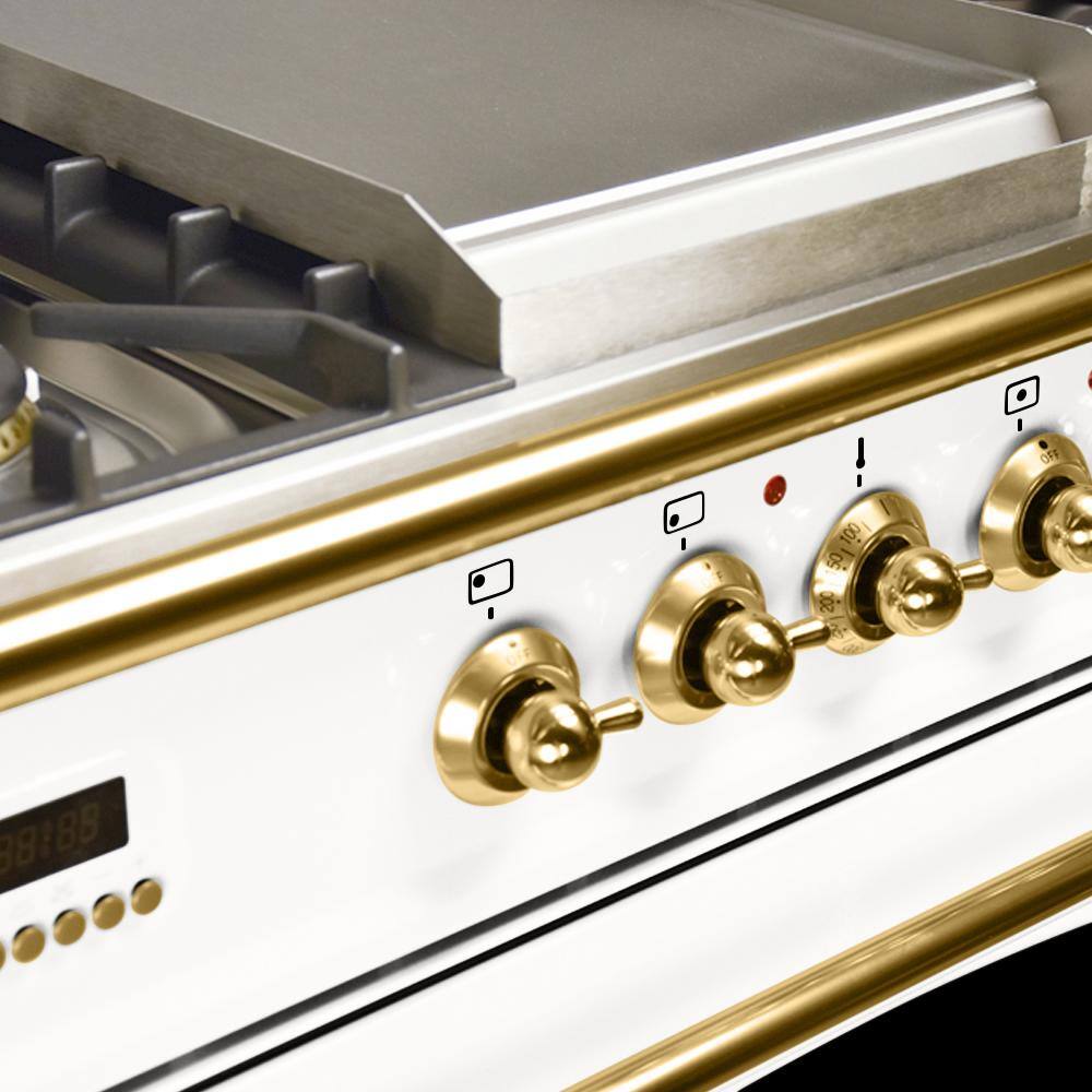 Hallman 36 in. 3.55 cu. ft. Single Oven Dual Fuel Italian Range True Convection 5 Burners Griddle LP Gas Brass Trim in White HDFR36BSWTLP