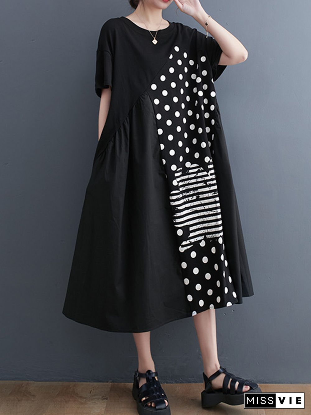 Irregularity Oversize Printed Striped Polka-Dot Split-Joint Round-Neck Midi Dresses