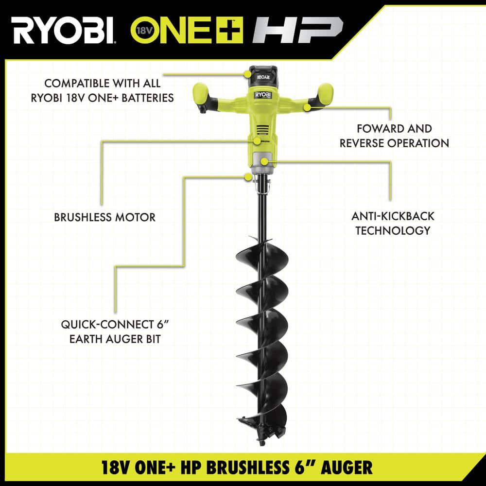 RYOBI ONE HP 18V Brushless Cordless Earth Auger with 6 in Bit with 40 Ah Battery and Charger