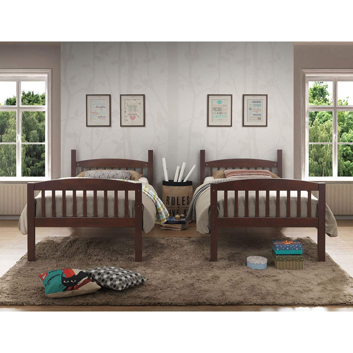 Costzon Twin Over Twin Bunk Beds, Convertible Into Two Individual Solid Rubberwood Beds (Espresso)