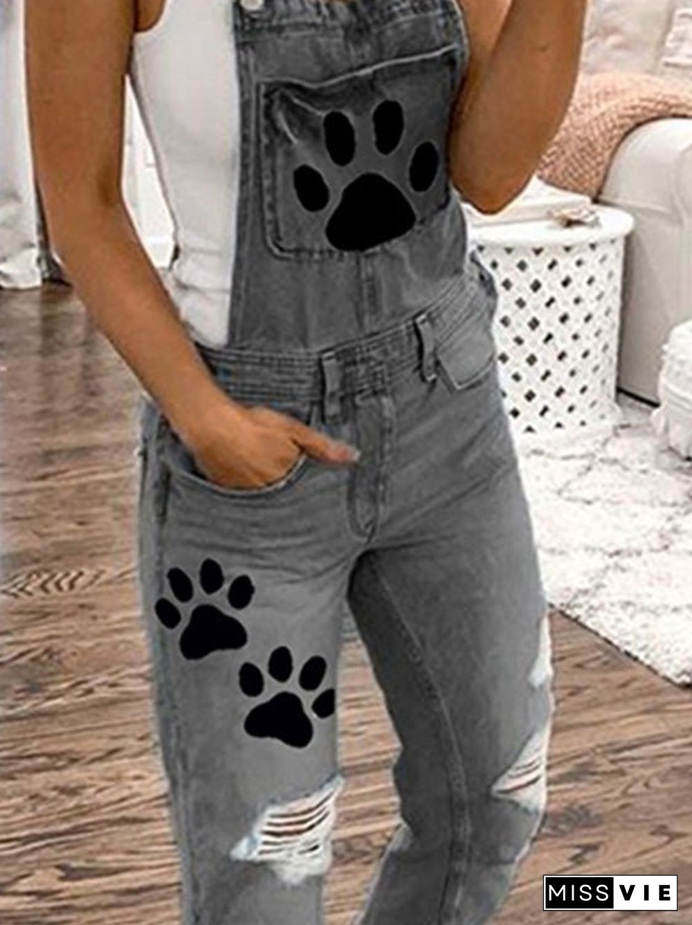 Women'S Jumpsuits Animal Paw Washed Ripped Denim Jumpsuit