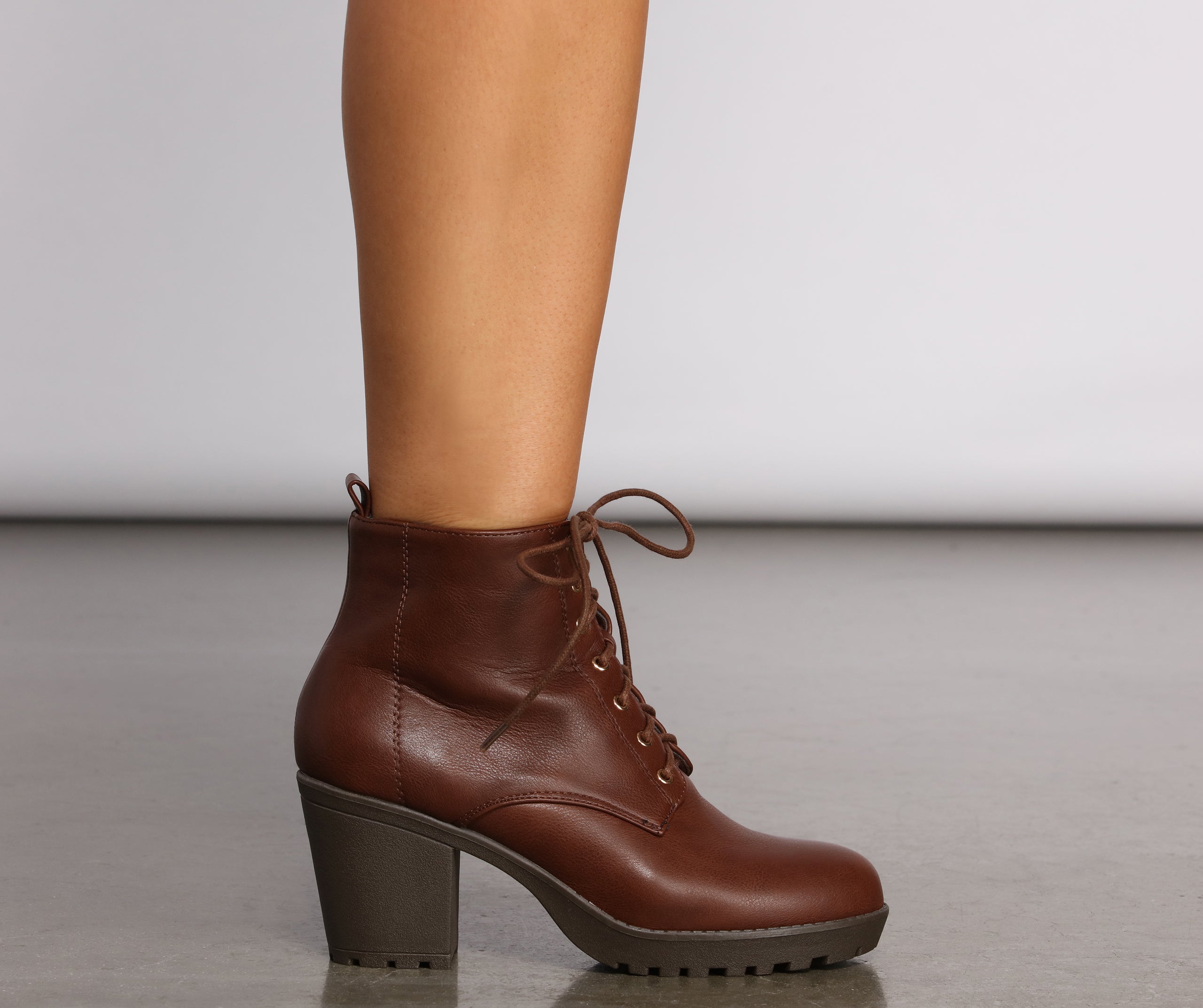 Lace Up Faux Leather Lug Booties