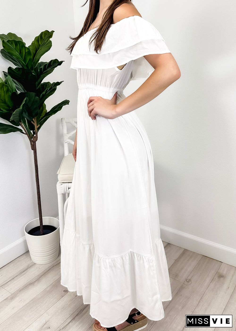 Grecian Ruffle Stretch Maxi Long Dress