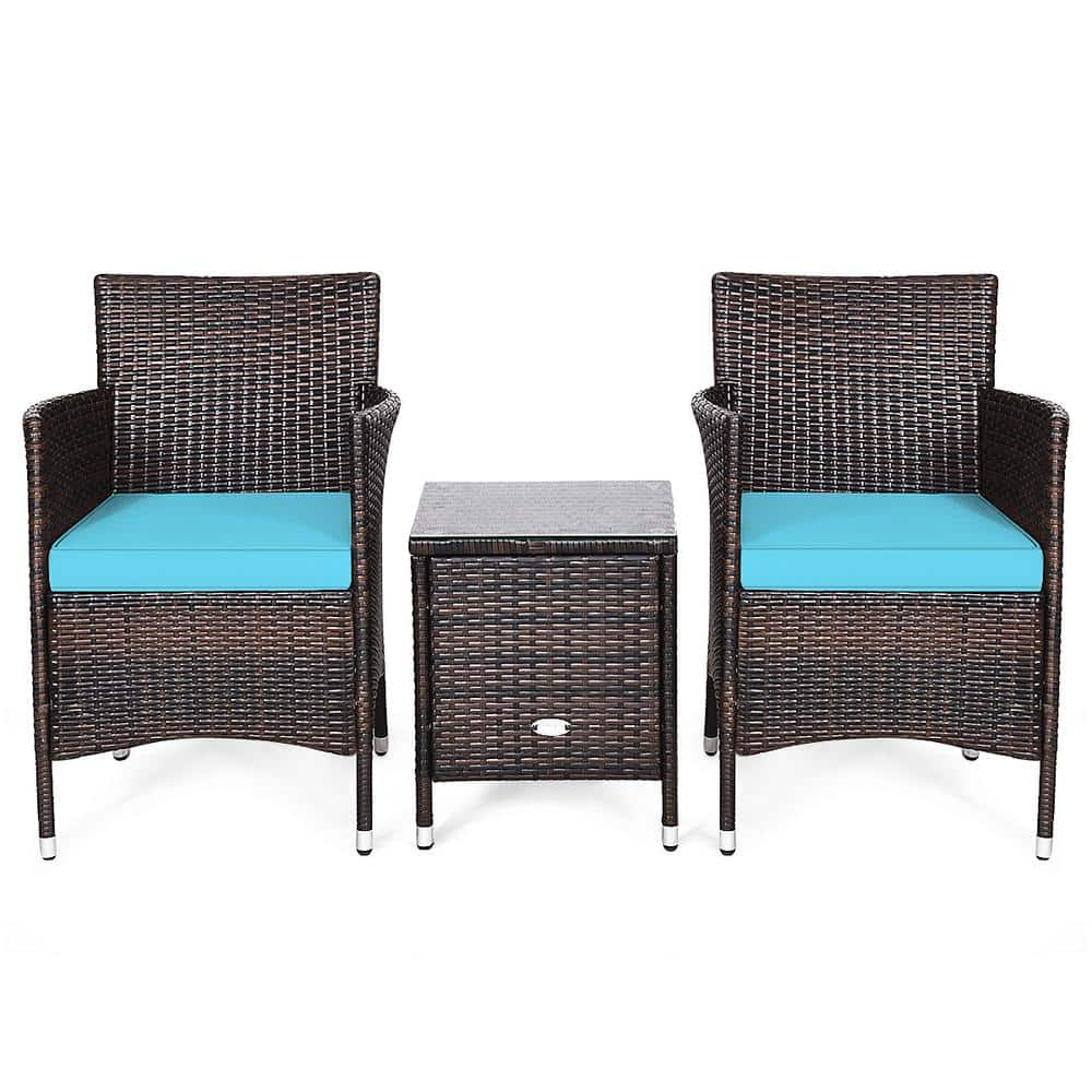 Gymax 3-Pieces Patio Outdoor Rattan Wicker Furniture Set with Coffee Table Turquoise Cushioned Chairs GYM04601