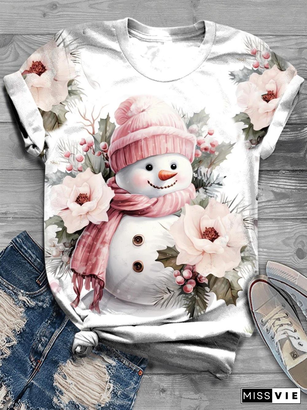 Pink Floral Snowman Print Crew Neck T-Shirt