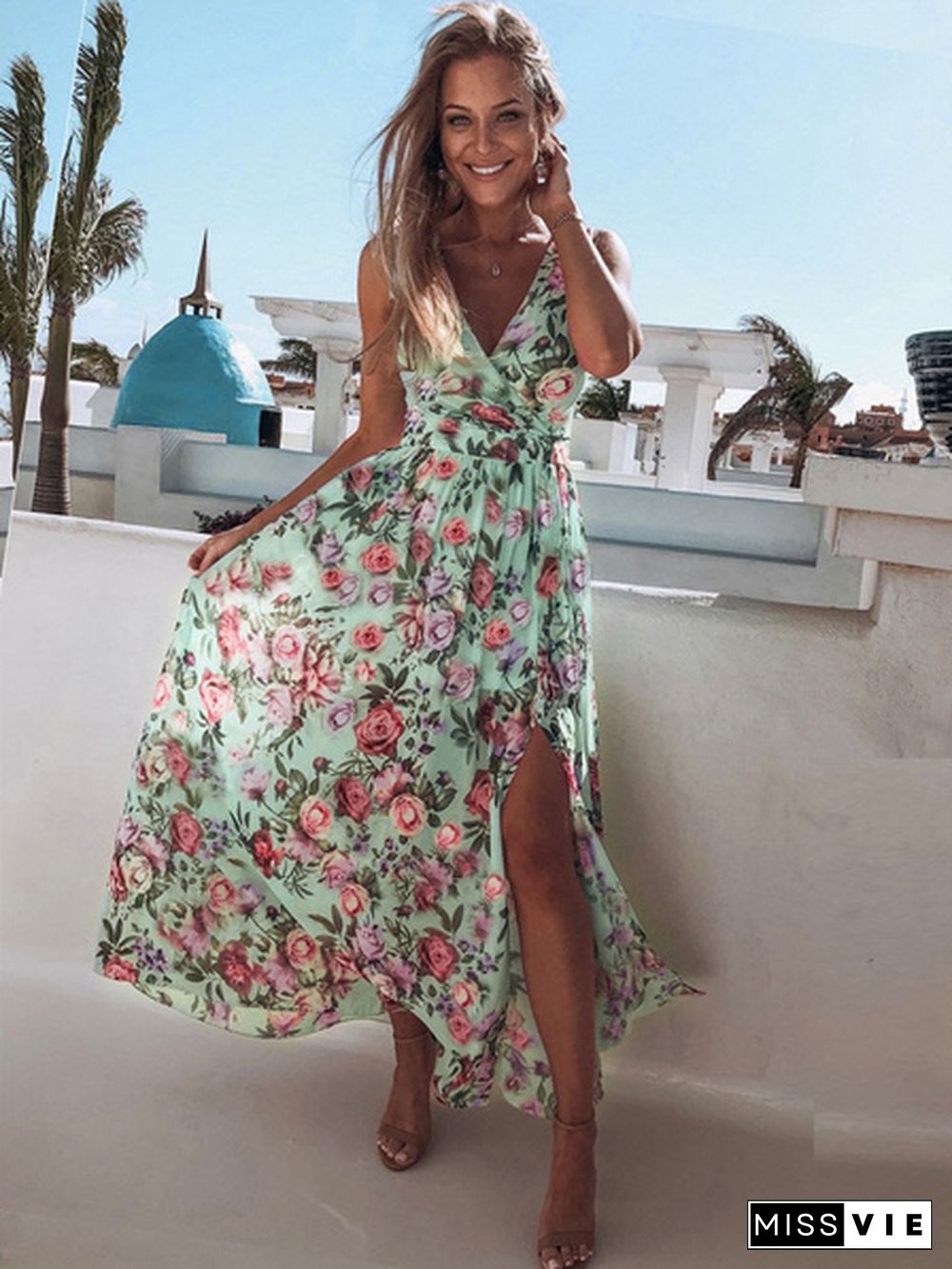 Women Fashion V Neck Sleeveless Floral Long Dress Hem Split Boho Beach Maxi Dresses Plus Size Sundress Vestidos Robes