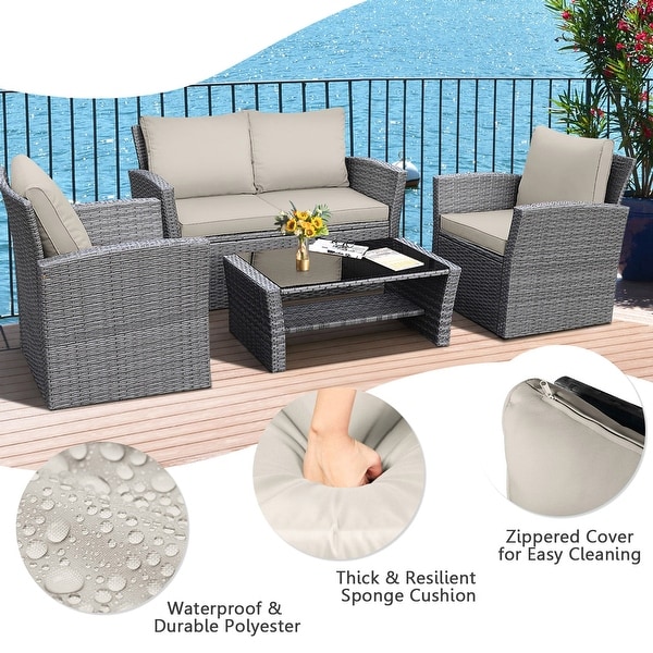 Gymax 4PCS Patio Rattan Conversation Set Outdoor Furniture Set w/