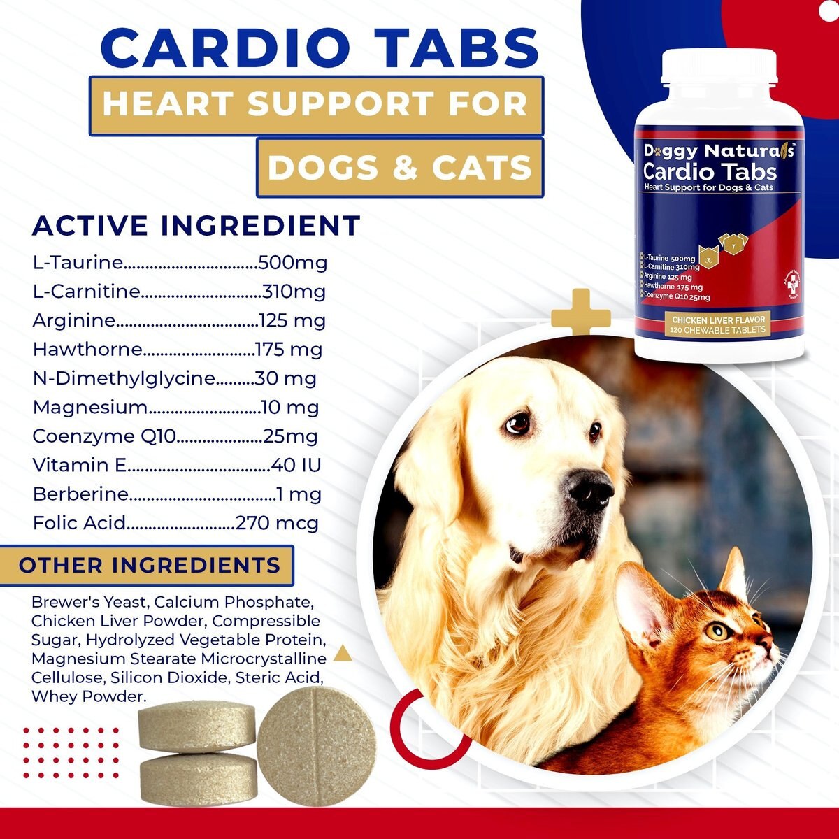 Pet Health Pharma Cardio Heart Health Chicken Flavored Tablets Supplements for Cats and Dogs， 120 count