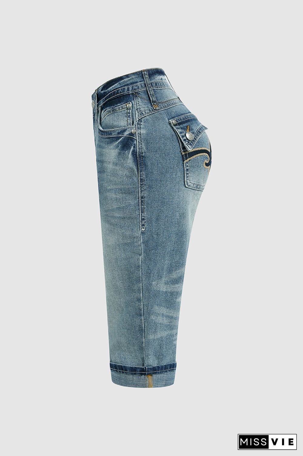 Embroidery Button Detail Zip Front Low Waist Capris Jeans