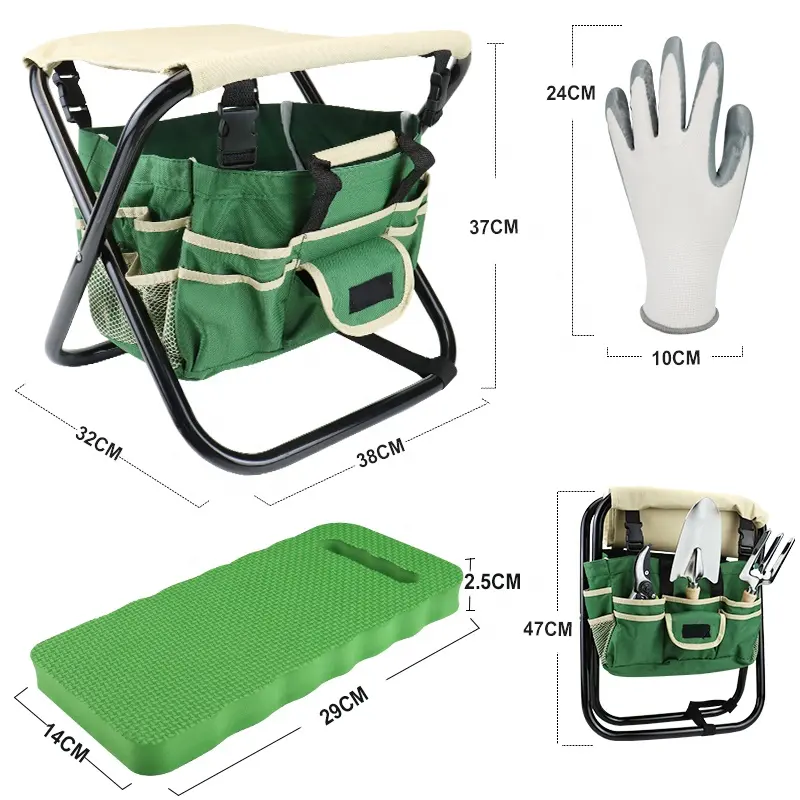 Foldable Chair and Garden tools Set with Kneeler  Nitrile Gloves and tools bag  Stool for Outdoor beach camping Fish Hiking