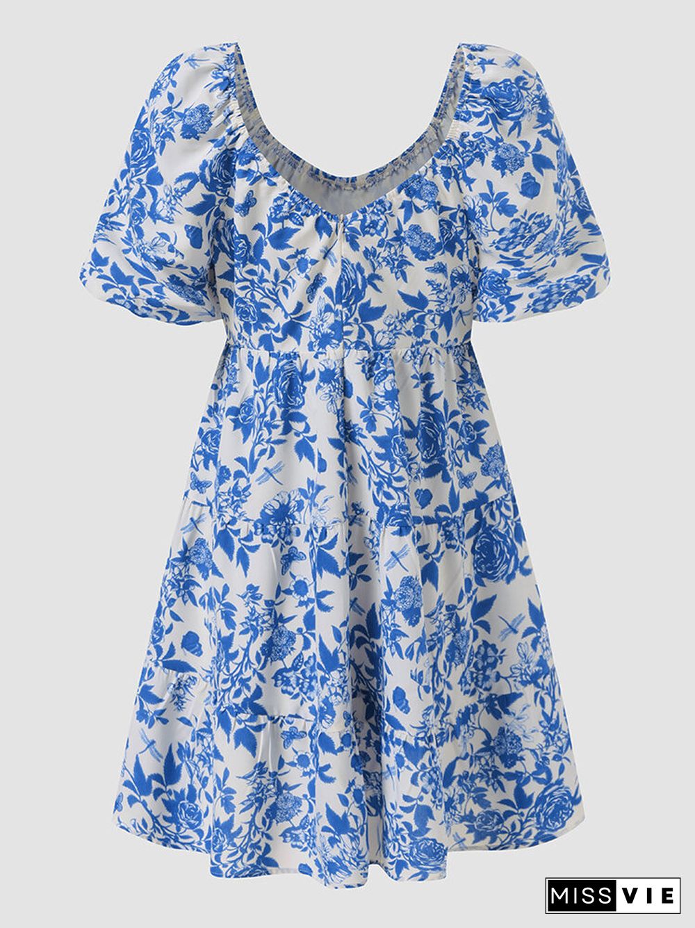 Navy Calico Print V-neck Lace-up Puff Sleeve Elegant Dress