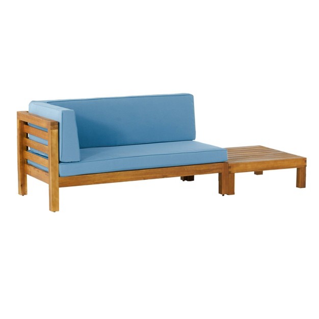 2pk Oana Outdoor Acacia Wood Left Arm Loveseat amp Coffee Table With Cushion Teak blue Christopher Knight Home