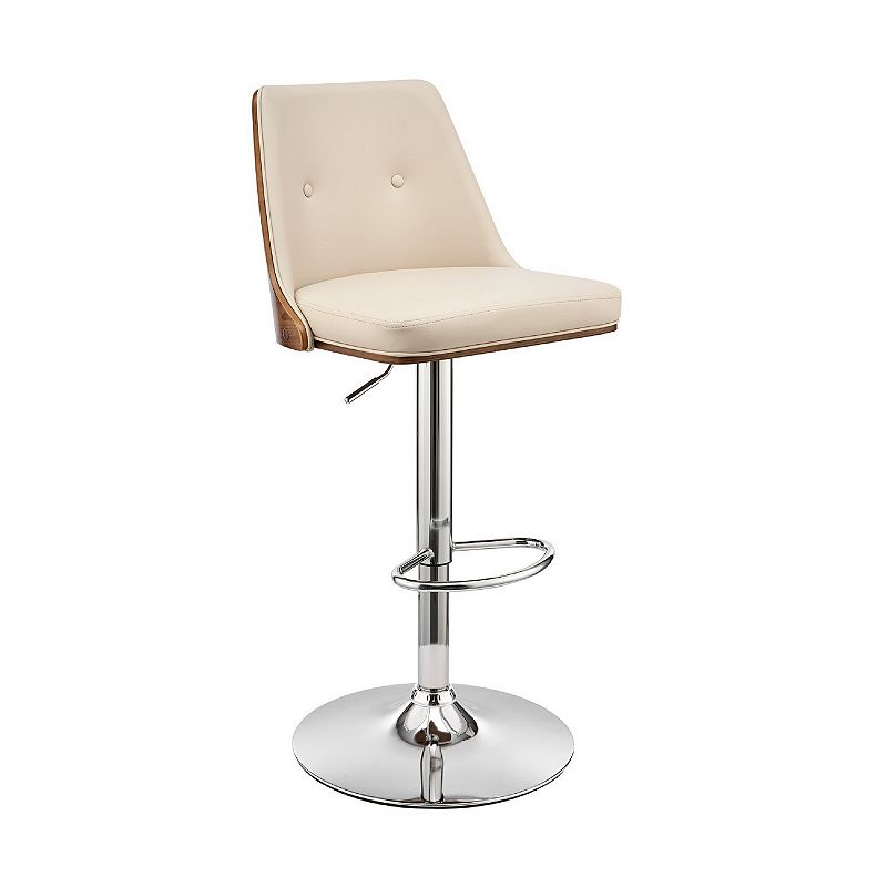 Adjustable Barstool with Faux Leather and Wooden Backing， Cream and Brown