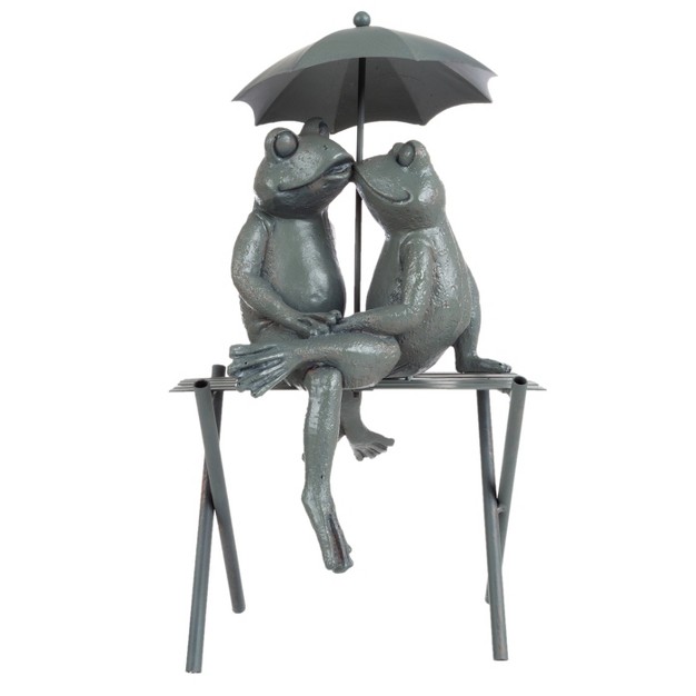 Nature Spring Small Frog Couple Under Umbrella Resin Garden Statue 14 5 quot Antique Bronze