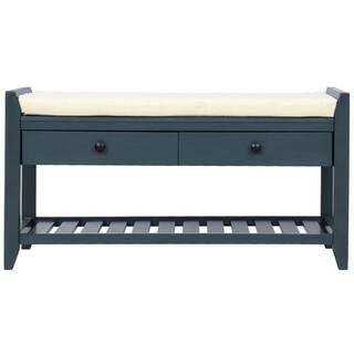 Harper  Bright Designs Entryway Blue Storage Bench with Cushioned Seat Drawers and Shoe Rack 19.8 in. H x 39 in. W x 14 in. D WF195386AAM