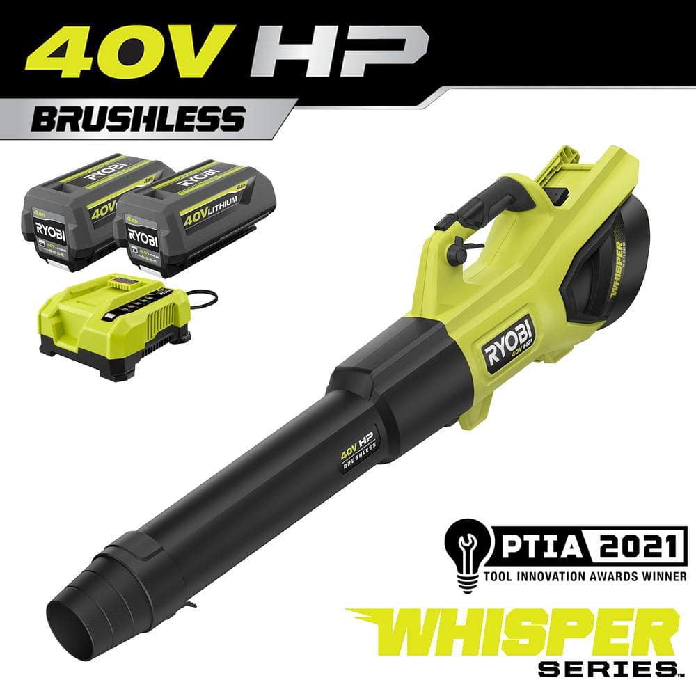 RYOBI 40V HP Brushless Whisper Series 190 MPH 730 CFM Cordless Battery Jet Fan Leaf Blower with (2) 4.0 Ah Batteries & Charger RY404100