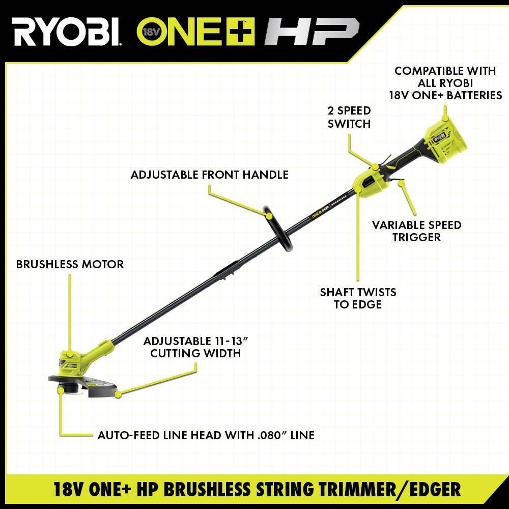 RYOBI ONE+ HP 18V Brushless 13 in. Cordless Battery String Trimmer with 4.0 Ah Battery and Charger P20120