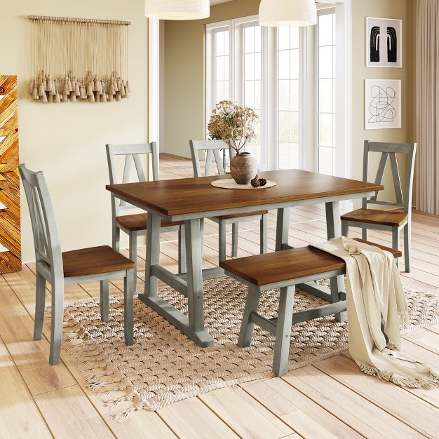 Farmhouse 6 piece Wood Dining Table Set With Long Bench And 4 Dining Chairs modernluxe