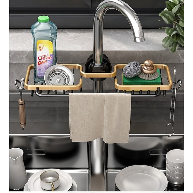 Kitchen Storage Rack Faucet Rack Black Gold Household Sink Dishwashing Sponge Rag Drain Water Hanging Basket Sink