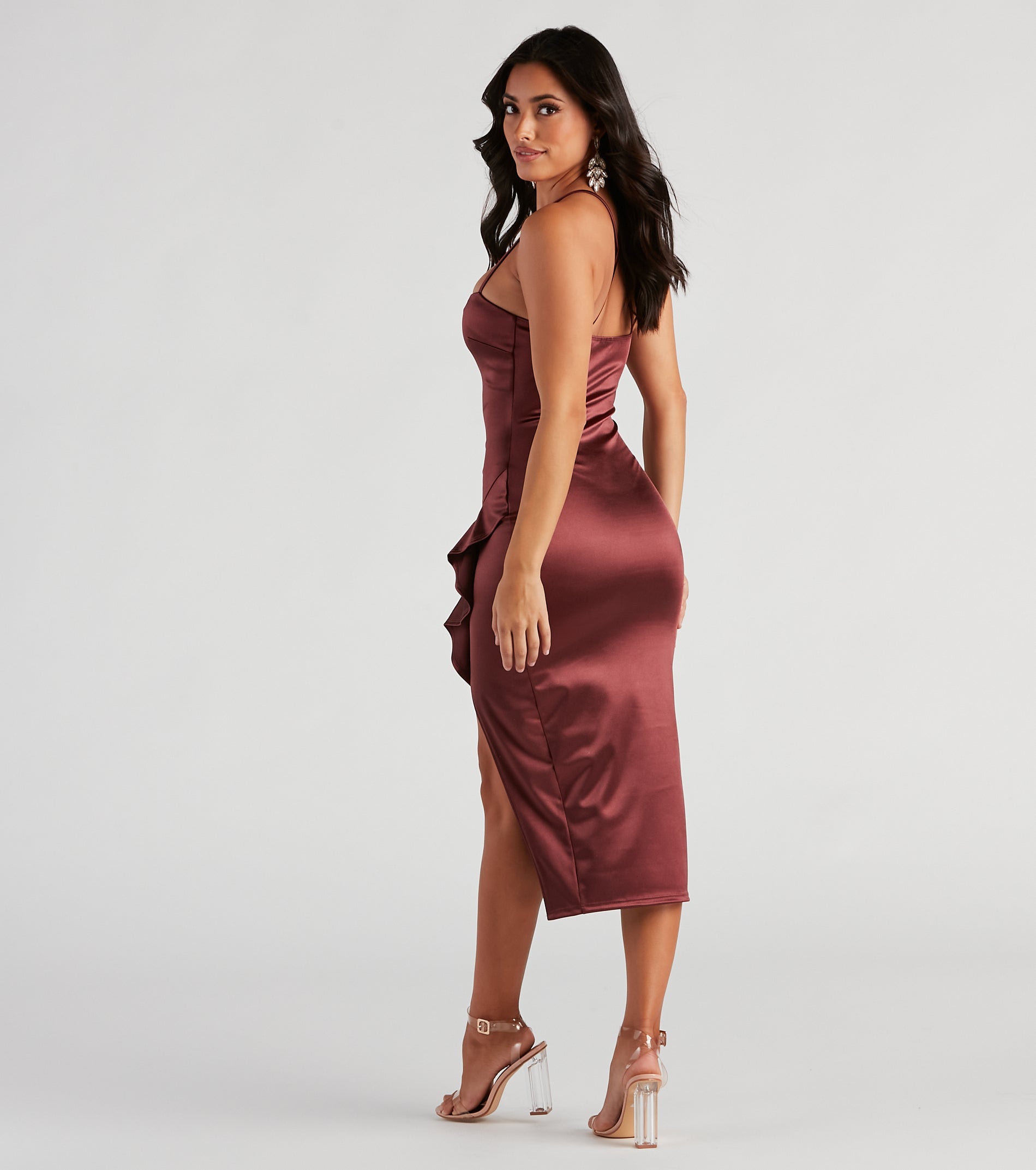 Dinner Party Satin Ruffle Midi Dress