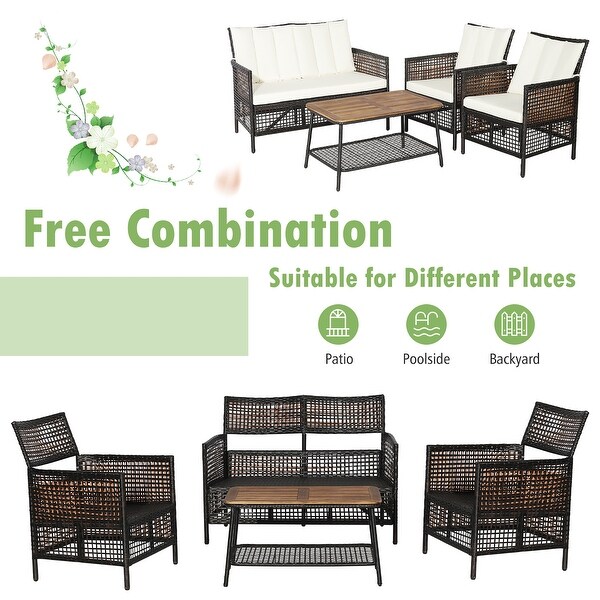 Costway Patiojoy 4PCS Patio Rattan Furniture Set Cushioned Chairs Wood