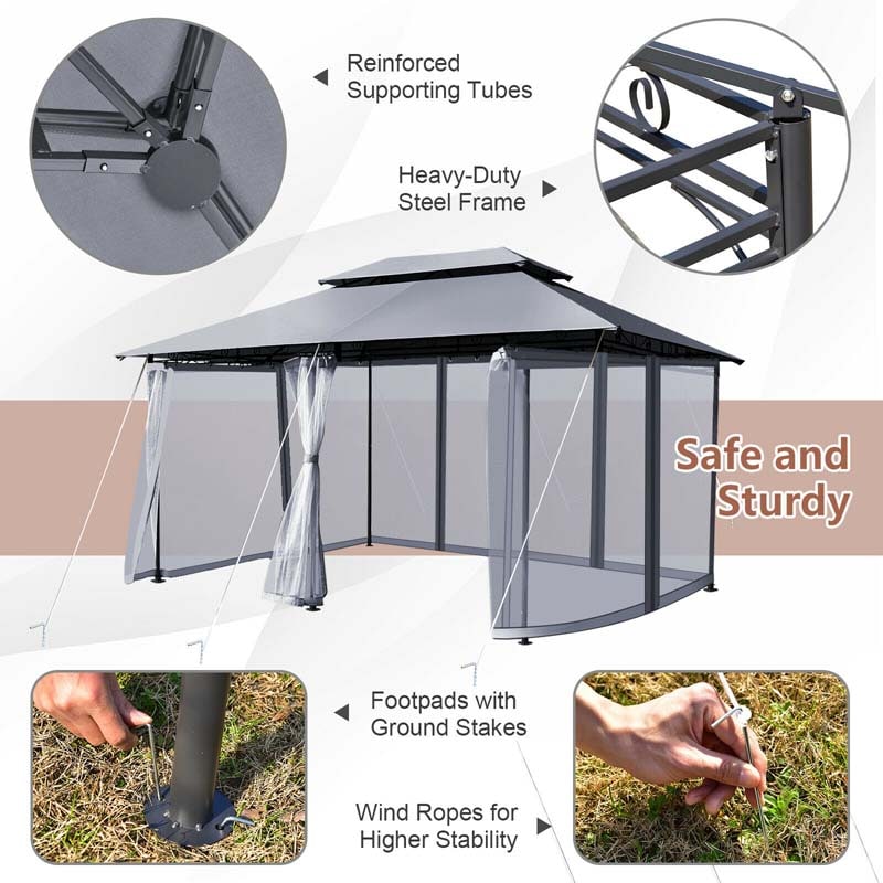 10 x 13 FT Steel Patio Gazebo with Mesh Curtains, 2 Tier Vented Roof Outdoor Canopy Gazebo Tent