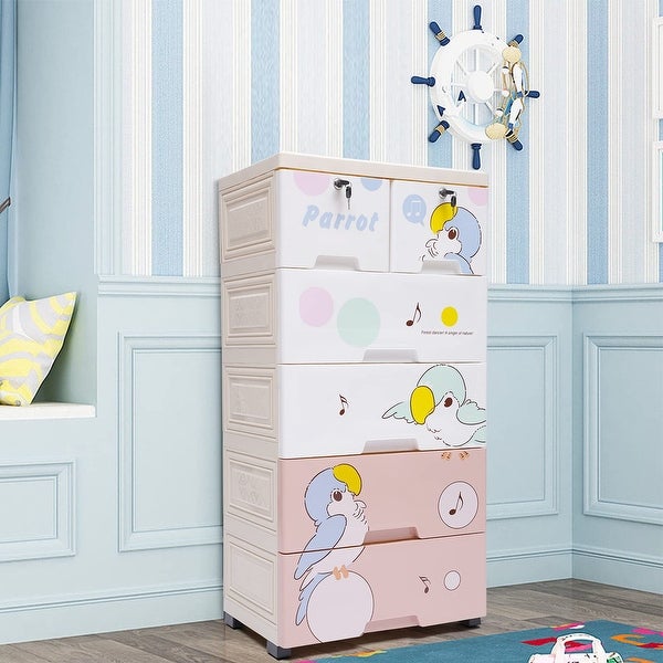 Plastic Drawers Dresser with Parrot Pattern， Storage Cabinet with 6 Drawers， Closet Drawers Tall Dresser Organizer for Clothes - - 37668338