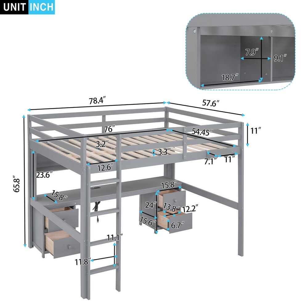 Full Size Loft Bed with Desk  Storage Cabinets  Drawers   Bedside Tray  Versatile Wood Bedframe with Plug Outlets   2 USB Port